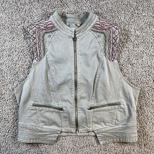 BKE Outerwear Women's Embroidered Denim‎ Vest XL Frayed Aztec Style green boho